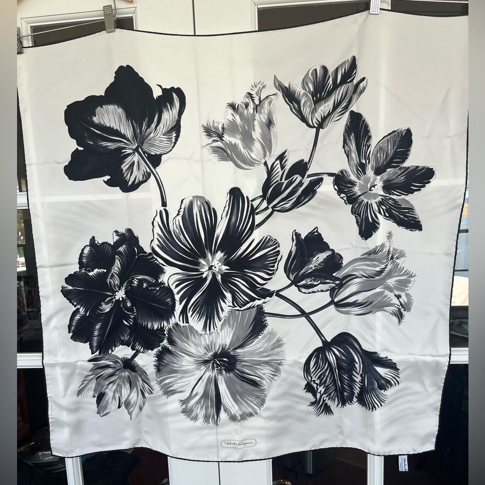 Salvatore Ferragamo Black and White Floral Silk Scarf